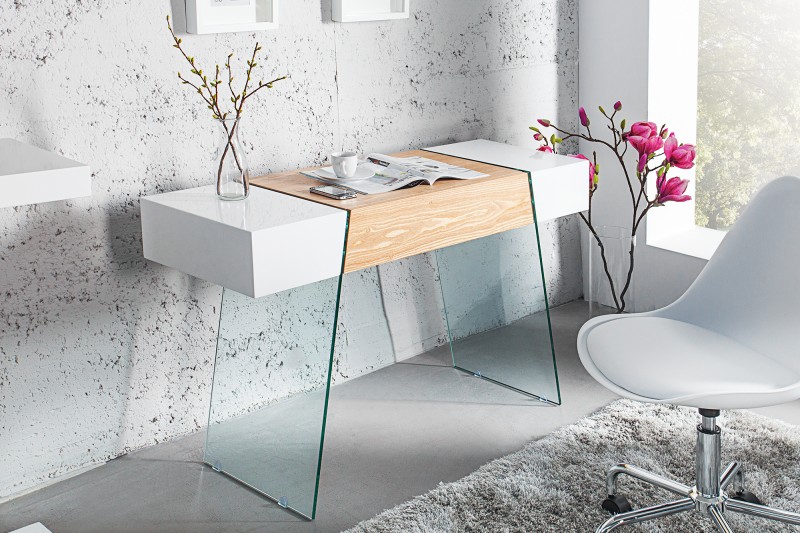 Stolík- Písací stôl Onyx 120cm biela sklo-dub