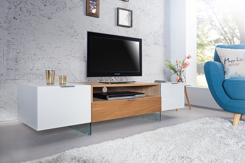 TV-stolík Onyx 160cm biela sklo-dub